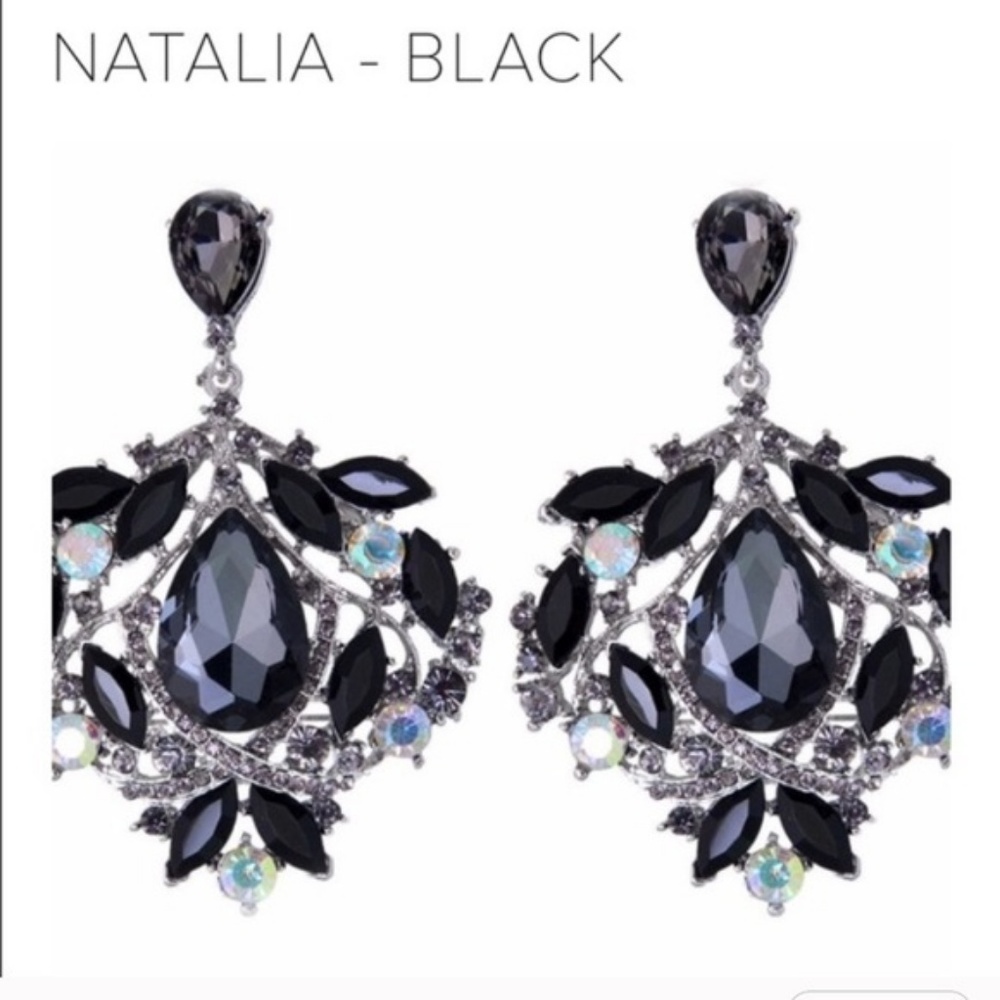 LARGE Pageant Earrings Black Silver AB Stone - Picture 4 of 4